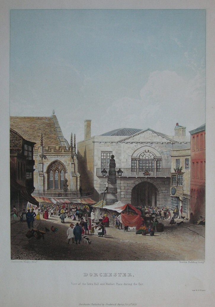 Aquatint - Dorchester. View of the Town Hall and Market Place during the Fair - Fielding